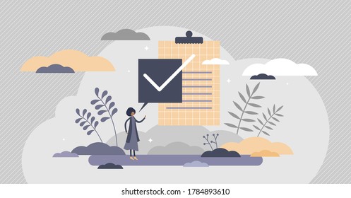 Task done right sign as approved check mark symbol flat tiny persons concept. Positive checklist result or passed exam vector illustration. Completed project validation form and control confirmation