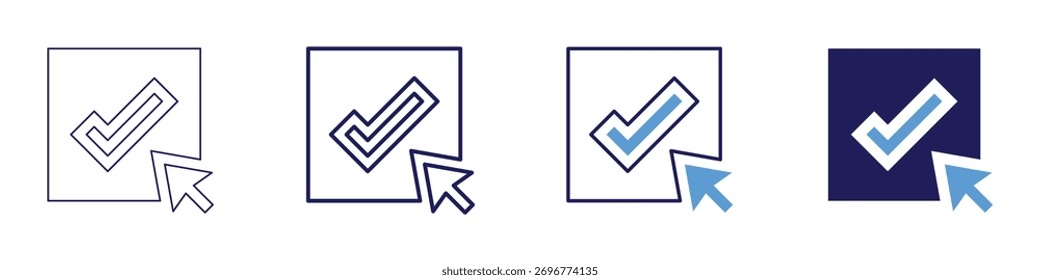 Task done tick icon in 4 different styles. Thin Line, Line, Bold Line, Duotone. Duotone style. Editable stroke.