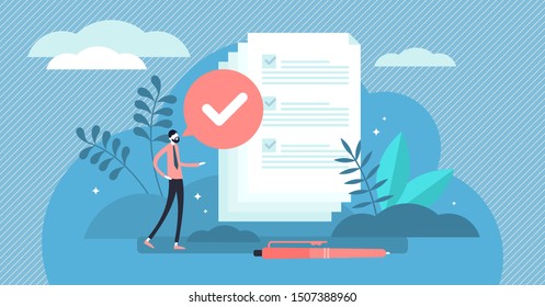 Task done vector illustration. Flat tiny check to do list persons concept. Symbolic positive and approved checklist or completed project validation form. Good and confirmed exam or survey results.