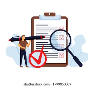 Task Done Vector Illustration. Flat Tiny Check To Do List Persons Concept. Symbolic Positive And Approved Checklist Or Completed Project Validation Form. Good And Confirmed Exam Or Survey Results.