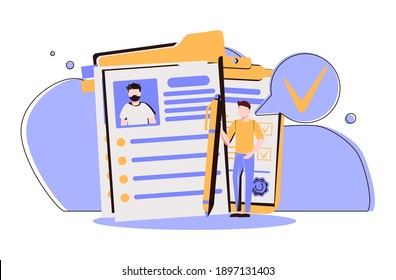 Task done vector illustration. Flat tiny check to do list persons concept. Symbolic positive and approved checklist or completed project validation form. Good and confirmed exam or survey results.