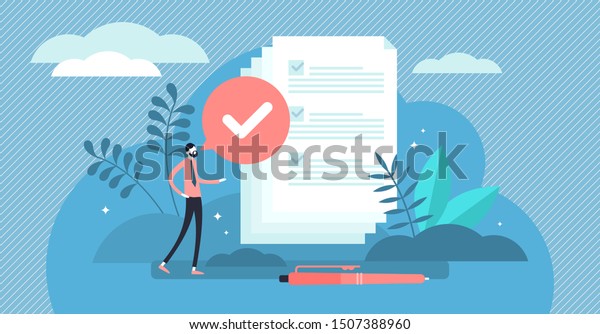 Task done vector illustration. Flat tiny check\
to do list persons concept. Symbolic positive and approved\
checklist or completed project validation form. Good and confirmed\
exam or survey results.