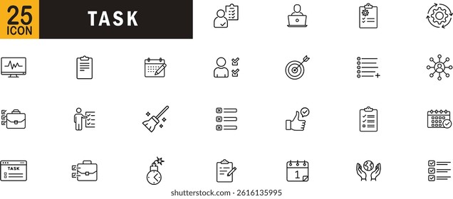 Task editable outline icon set. Checklist schedule progress deadline priority and more.