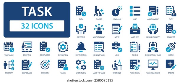 Task flat icons collection. Chore, project, assignment, deadline, list, assingment, done, clipboard, multitasking, creative sign set.