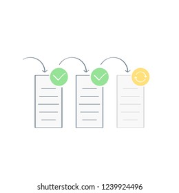 Task flow, workflow diagram, project management, program execution infographic, issue movement and problem solving in bunch of stages step by step. Line isolated vector illustration icon on white