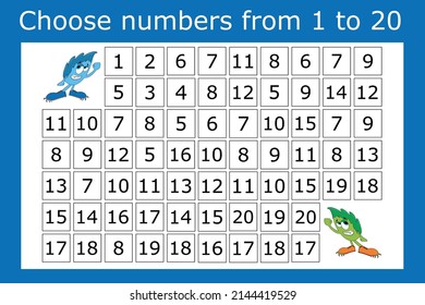 La tarea es pasar por un laberinto de números de 1 a 20. Ejercicios educativos para niños en edad preescolar