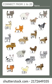The task is to go through a maze of numbers from 1 to 20 with pets .  Educational exercises for preschool children

