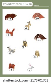 The task is to go through a maze of numbers from 1 to 10 with forest animals .  Educational exercises for preschool children
