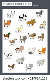 The task is to go through a maze of numbers from 1 to 20 with pets .  Educational exercises for preschool children
