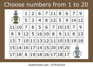 The task is to go through a maze of numbers from 1 to 20. Educational exercises for preschool children