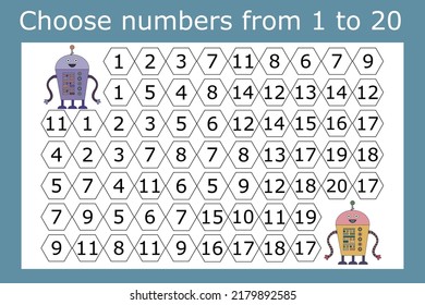 The task is to go through a maze of numbers from 1 to 20. Educational exercises for preschool children