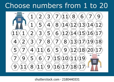 The task is to go through a maze of numbers from 1 to 20. Educational exercises for preschool children