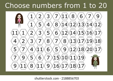 The task is to go through a maze of numbers from 1 to 20. Educational exercises for preschool children