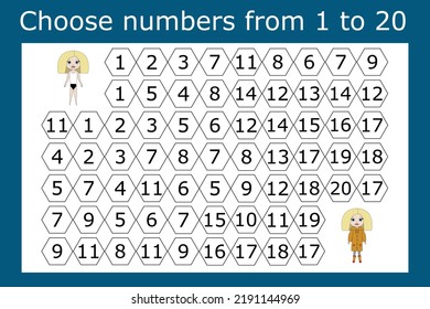 The task is to go through a maze of numbers from 1 to 20. Educational exercises for preschool children