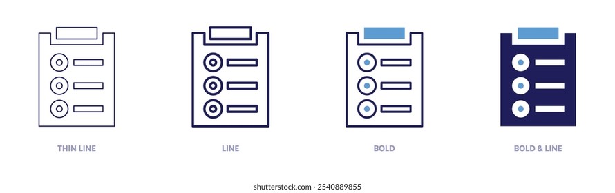Ícone de tarefa em 4 estilos diferentes. Linha fina, Linha, Negrito e Linha Negrito. Estilo duotônico. Traçado editável.