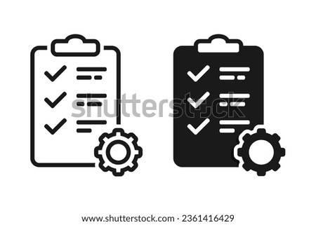 Task icon. Clipboard with checklist and gear sign. Vector illustration