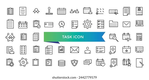 Task icon collection. Containing project, job, workflow, clipboard, office multitasking, assignment. Line vector icons set.