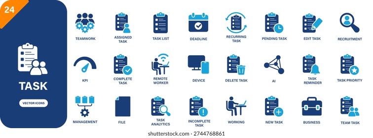 Task icon collection featuring deadline, task list, work, file, assigned task and kpi symbols. Solid vector icons.