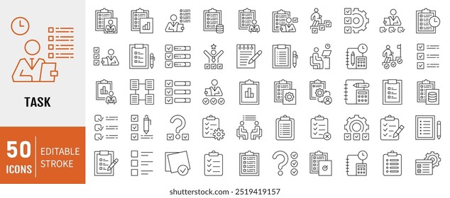 Conjunto de colecciones de íconos de tareas. Contiene Portapapeles, lista de comprobación, informe, Encuesta o Acuerdo editable icono de trazo. Ilustración vectorial de línea simple