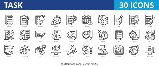 Task icon pack collection set for project management and business leadership. With operation, review, mission, audit, schedule, progress, goal, planning, milestone, workflow, organize, priority icon