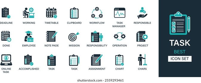 Task icon set collection. Deadline, working, timetable, clipboard, workflow, task manager, responsible, done, employee, mission, operation and best solid icon set.