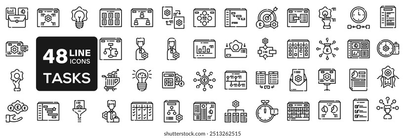 Conjunto de ícones de tarefa. Contendo projeto, lista de tarefas, trabalho, fluxo de trabalho, área de transferência, multitarefas, atribuição e muito mais. Coleção de ícones de vetor sólido.