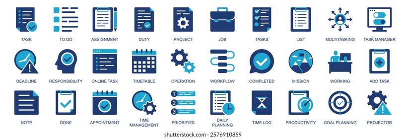 Task icon set in flat duotone solid icons web design. Pack pictograms with to do list, assignment, duty, project, multitasking, deadline, timetable, operation, priority, other. Vector illustration.