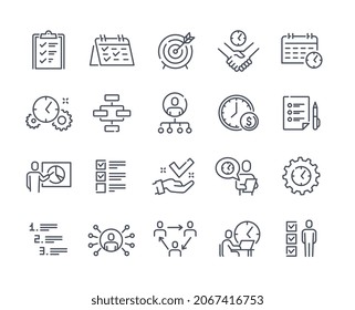 Task icon set. Minimalistic thin stickers with gliders, reminders with goals, deadlines and employees. Time management and efficiency. Cartoon flat vector collection isolated on white background