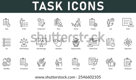 Task Icons vector illustration with thin line editable stroke containing assignment duty chore project job tasks list multitasking task manager deadline responsibility timetable operation