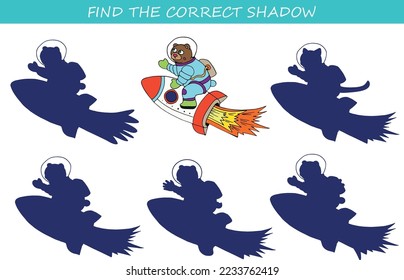 Task for kids.Find the correct shadow. Teddy bear in space