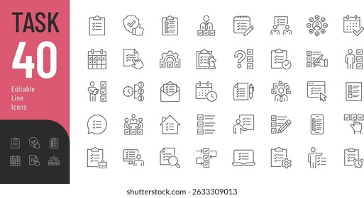 
Task Line Editable Icons set. Vector illustration in modern thin line style of job management related icons: to do list, checkbox, planning, and more. Isolated on transparent background.
 - Powered by Shutterstock - Get 15% off with code: PIKWIZARD15