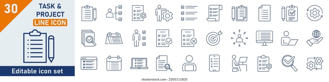 Task line icon set. Set of 30 outline icons related to management, to do list, clipboard, and more. Linear icon collection. Task and projects outline icons collection. Editable stroke.