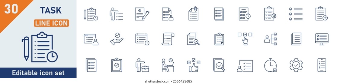 Task line icon set. Set of 30 outline icons related to task, to-do list, project, job, assignment, clipboard, multitasking and others. Editable stroke. Vector illustration.