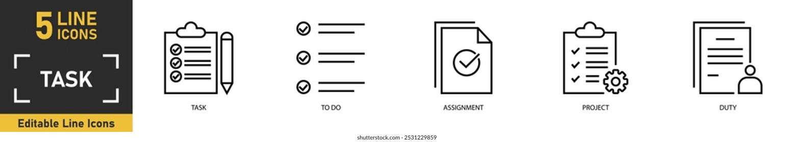 Conjunto de ícones de linha de tarefa. Conjunto de 5 ícones de estrutura de tópicos relacionados a tarefa, tarefas pendentes, atribuição, projeto, direitos e muito mais. Ilustração vetorial.