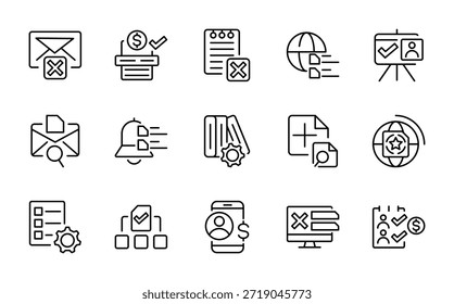Symbolsatz für Aufgabenzeile. Zwischenablage, Checkliste, Bericht, Umfrage, Umfrage, Multitasking, Entscheidung, Abstimmung, Checkbox, Checkmark, Flussdiagramm, Fortschrittslinien-Symbolsatz. UI Thin Line Icon Pack.