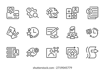 Symbolsatz für Aufgabenzeile. Zwischenablage, Checkliste, Bericht, Umfrage, Umfrage, Multitasking, Entscheidung, Abstimmung, Checkbox, Checkmark, Flussdiagramm, Fortschrittslinien-Symbolsatz. UI Thin Line Icon Pack.