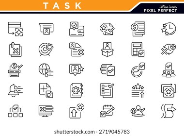 Conjunto de iconos de línea de tarea. Portapapeles, lista de comprobación, informe, Encuesta, encuesta, multitarea, decisión, votación, Casilla de verificación, marca de verificación, diagrama de flujo, conjunto de iconos de línea de progreso. Paquete de iconos de línea delgada de interfaz de usuario.
