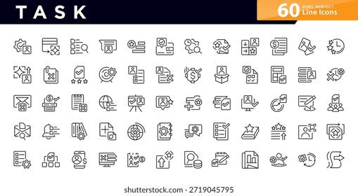 Conjunto de ícones de linha de tarefa. Área de transferência, lista de verificação, relatório, pesquisa, pesquisa, multitarefa, decisão, votação, caixa de seleção, marca de seleção, fluxograma, conjunto de ícones de linha de andamento. Pacote de ícones de linha fina da interface do usuário.