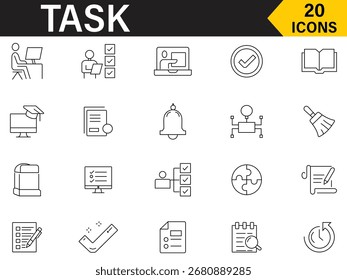 Symbolsatz für Aufgabenzeile. Set von in Bezug auf 20 Icons Geschäft, Aufgabenliste, Zwischenablage, Produktivität, Bleistift Kalender, Notiz, Dokument, Planung, Ausrüstung, Checkliste, Häkchen und mehr Gliederungssymbol Sammlung.