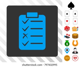 Task List blue pictograph inside gray rounded square with bonus gamble graphic icons. Vector illustration style is flat iconic symbols. Designed for gamble websites.