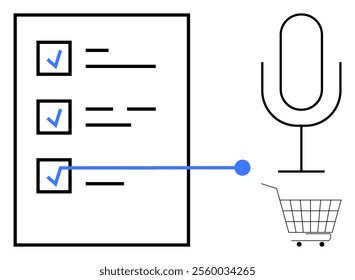 Task list with check marks, microphone symbol, and shopping cart. Ideal for productivity, voice commands, e-commerce, organization, technology. Simple lines, minimalist style