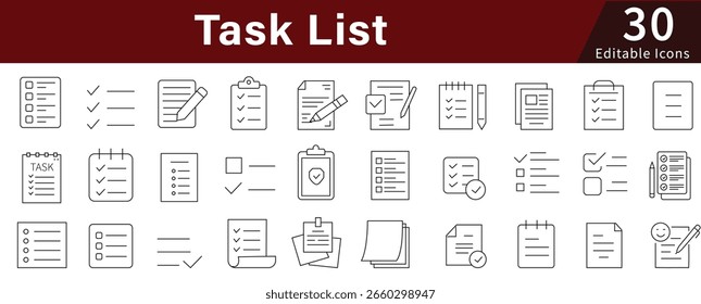 Task List Editable Line Icons Set for Organization, Planning, Productivity, and Work Management