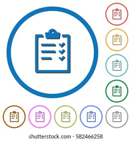 Task list flat color vector icons with shadows in round outlines on white background