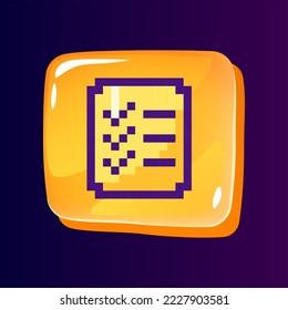Task list glossy ui button with pixelated color icon. Planner application. Organizer. Editable 8bit graphic element on shiny glass rectangle shape. Isolated image for arcade, video game design