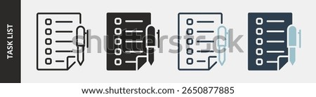 Task List Icon Set Multiple Style Collection. Contains Outline, Glyph, Outline Blue and Glyph Blue Style Icons
