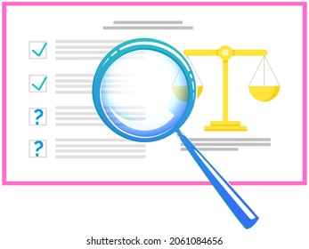 Task list with magnifier, scales vector elements. Business flat icons symbol, check list, plan with tasks. Scheduling, weighing importance of tasks, work plan creation, strategy planning concept