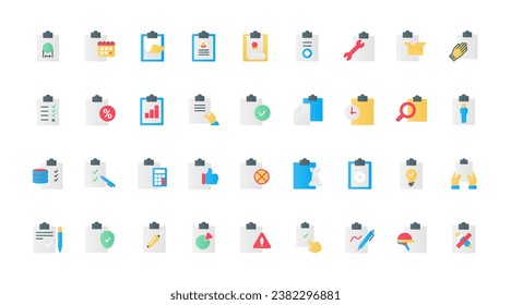 Task list and medical form, approved work project with tick, data record with pencil or pen, test questionnaire and contract. Documents on clipboards, flat icons set vector illustration.