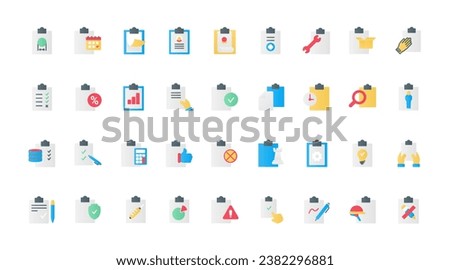 Task list and medical form, approved work project with tick, data record with pencil or pen, test questionnaire and contract. Documents on clipboards, flat icons set vector illustration.