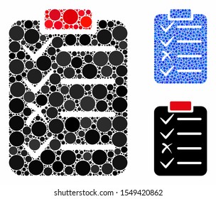 Task list mosaic of round dots in various sizes and color tints, based on task list icon. Vector dots are grouped into blue mosaic. Dotted task list icon in usual and blue versions.