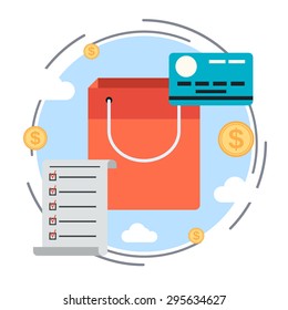 Task list, shopping, credit card flat design style vector concept illustration